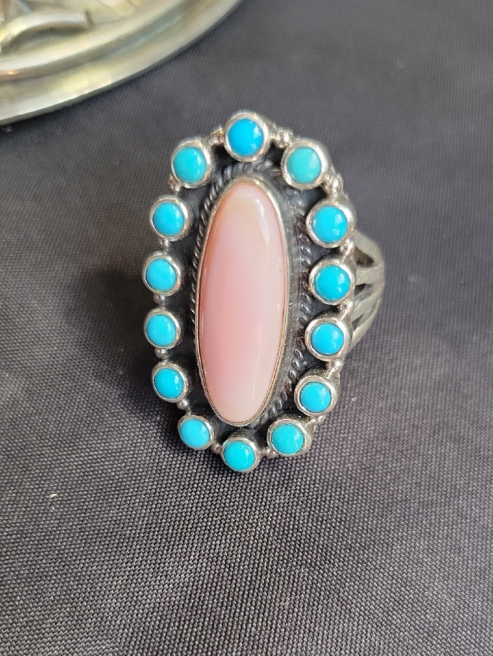 Pink Center Turquoise Halo Sterling-Style Women's Ring